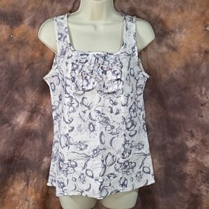 GAP Ruffle Tank Blue Purple White Cream Floral Print Cotton Linen S